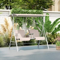 Outsunny 2 Seater Garden Swing Chair Patio Rocking Bench w/ Tilting Canopy, Double Padded Seats, Storage Bag and Tray, Beige(m-8)