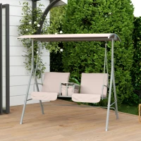 Outsunny 2 Seater Garden Swing Chair Patio Rocking Bench w/ Tilting Canopy, Double Padded Seats, Storage Bag and Tray, Beige(m-9)