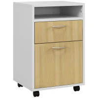 HOMCOM Cajonera de Oficina Móvil con Cajón y Armario con Ruedas Soporte de Impresora para Estudio 40x35x60 cm Blanco y Natural(m-1)