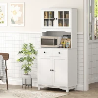 HOMCOM Vrijstaande Keukenkast met Werkblad voor Magnetron, Koffiezetapparaat, Kasten, Glazen Deuren, Wit(m-10)