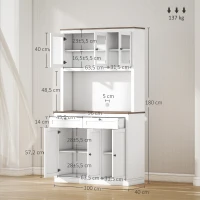 HOMCOM Armario de Cocina con 3 Puertas de Vidrio Compartimento Abierto 2 Cajones y Estantes Ajustables 100x40x180 cm Blanco(m-3)