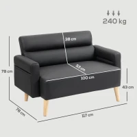 HOMCOM Small Faux Leather 2 Seater Sofa Settee - Black(m-3)