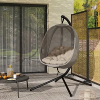 Outsunny Hanging Egg Chair, Folding Texteline Swing Hammock with Side Pocket, Cushion and Stand for Indoor Outdoor, Patio Garden Furniture, Khaki(m-8)