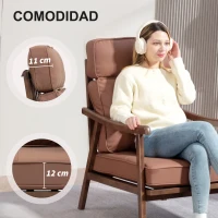 HOMCOM Sillón de Salón Tapizado en PU con Marco de Madera Cojines Acolchados Gruesos Marrón y Madera Nogal(m-6)