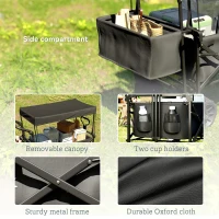 Outsunny Folding Trolley Cart Storage Wagon Beach Trailer 4 Wheels with Handle Overhead Canopy Cart Push Pull for Camping, Black(m-8)