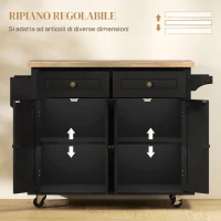 HOMCOM Carrello da Cucina Portavivande con Cassetti, Armadietti e Portaspezie, in Legno e MDF, 111x44.5x82.5 cm, Nero(m-5)