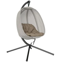 Outsunny Hanging Egg Chair, Folding Texteline Swing Hammock with Side Pocket, Cushion and Stand for Indoor Outdoor, Patio Garden Furniture, Khaki(m-1)