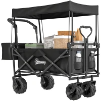 Outsunny Folding Trolley Cart Storage Wagon Beach Trailer 4 Wheels with Handle Overhead Canopy Cart Push Pull for Camping, Black(m-10)