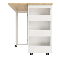 Kitchen Island Trolley with Power Strip, Folding Design and Wine Rack, Space-Saving Design for Kitchen, 131.5L x 76W x 91H cm, White+Natural(m-12)