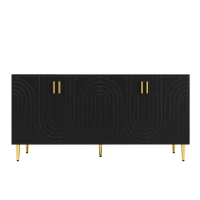 Wave Design Sideboard with Golden Handles and Feet, Multifunctional Storage Cabinet, Easy Maintenance, 152L x 40W x 75H cm, Black(m-2)