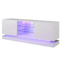 High Gloss TV Cabinet Stand with Smart LED Lighting, Particle Board Entertainment Centre for 70" TV, 160L x 38.5W x 60H cm, White(m-13)