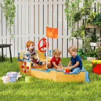 Outsunny Sand pit Kids Children Sandpit Wooden Pirate Ship Sandboat Outdoor Backyard Playset w/Bench Bottom Liner(m-2)