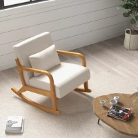 HOMCOM Schaukelstuhl im Retrodesign, Gummibaumholz, 64,5 cm x 92 cm x 81, 5 cm, Beige + Braun(m-2)