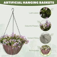 HOMCOM Artificial Flowers in Basket Set of 2, Artificial Hanging Baskets with 75 Leaves and 15 Flowers in Pot, Decorative Plant for Home Office Decor, Purple(m-4)
