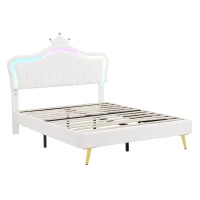 Double Upholstered Bed with Adjustable Crown Headboard, LED Bed Frame with Metal-Wood Support, 194L x 147W x 129H cm, Cream White(m-12)