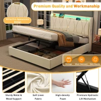 Double Upholstered Bed with LED Headboard, USB and Type-C Ports, Hydraulic Storage Bed with Charging Station, 207L x 136W x 105H cm, Beige(m-5)