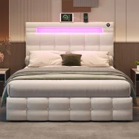 LED Double Upholstered Bed Frame with Charging Station, Adjustable Headboard, Velvet Hydraulic Storage Bed, 202.5L x 142W x 108H cm, Beige(m-9)