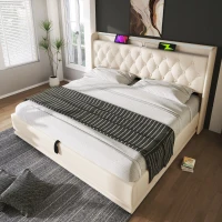 Upholstered Double Ottoman Bed with 360 Surround LED, USB Charging Port, Hydraulic Storage Bed Frame, 206L x 148W x 104H cm, White(m-11)