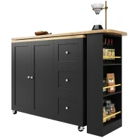 360° Swivelling Dining Table with Snack Rack, Three Drawers, Multifunctional Kitchen Island with Castors, 209L x 39W x 104H cm, Black(m-10)