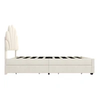 Single Upholstered Bed with 2 Storage Drawers, Adjustable Petal Headboard, Velvet Bed Frame with Wood Slat, 194L x 107W x 106H cm, Beige(m-13)