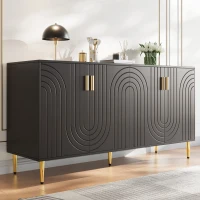 Wave Design Sideboard with Golden Handles and Feet, Multifunctional Storage Cabinet, Easy Maintenance, 152L x 40W x 75H cm, Black(m-1)