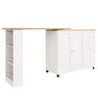 360° Swivelling Dining Table with Castors, Multifunctional Storage Island with Three Drawers, Snack Rack, 209L x 39W x 104H cm, White(m-2)