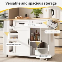 Kitchen Island Trolley with Power Strip, Folding Design and Wine Rack, Space-Saving Design for Kitchen, 131.5L x 76W x 91H cm, White+Natural(m-4)