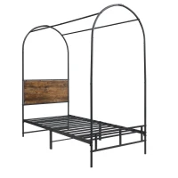 Metal Canopy Bed Frame with Durable Iron and MDF Construction, Wood Headboard, Easy Self-Installation, 195L x 90.5W x 192H cm, Black(m-16)