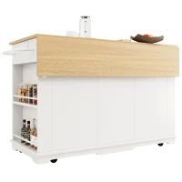 Kitchen Island Trolley with Power Strip, Foldable Dining Table, Ample Storage and Lockable Castors, 151.5L x 85W x 92H cm, White+Natural(m-13)