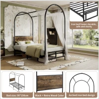 Metal Canopy Bed Frame with Durable Iron and MDF Construction, Wood Headboard, Easy Self-Installation, 195L x 90.5W x 192H cm, Black(m-5)