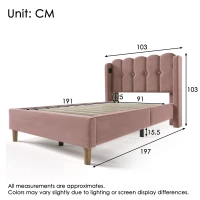 Upholstered Single Bed with USB and Type-C Charging Ports, Velvet Bed Frame with Wooden Slats for Teen Bedroom, 197L x 103W x 103H cm, Pink(m-3)