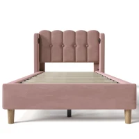 Upholstered Single Bed with USB and Type-C Charging Ports, Velvet Bed Frame with Wooden Slats for Teen Bedroom, 197L x 103W x 103H cm, Pink(m-2)