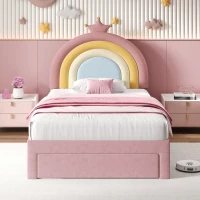 3FT Upholstered Bed with Adjustable Rainbow Headboard, Velvet Frame, Single Bed Frame with Storage Drawer, 194L x 94W x 128H cm, Pink(m-9)