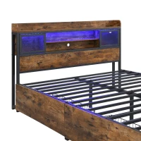 Metal Double Bed with LED Light Strip, 2 Drawers and USB Charging Ports, Sturdy Iron Frame, 207L x 135.5W x 83.5H cm, Black(m-11)