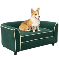 PawHut Divano per Cani Taglia Piccola e Media con Cuscino, in Tessuto Effetto Velluto e Legno, 79x56x35 cm, Verde Scuro