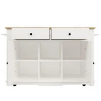 Kitchen Island Trolley with Power Strip, Foldable Dining Table, Ample Storage and Lockable Castors, 151.5L x 85W x 92H cm, White+Natural(m-11)