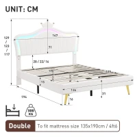 Double Upholstered Bed with Adjustable Crown Headboard, LED Bed Frame with Metal-Wood Support, 194L x 147W x 129H cm, Cream White(m-3)