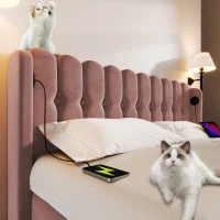 Upholstered Double Bed with USB and Type-C Charging Ports, Wooden Slatted Frame, Teenager Bed for Bedroom, 197L x 150W x 103H cm, Pink(m-8)