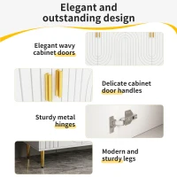 Wave Design Sideboard with Golden Handles and Feet, Elegant Storage Cabinet with 4 Doors and 2 Drawers, 152L x 40W x 75H cm, White(m-6)