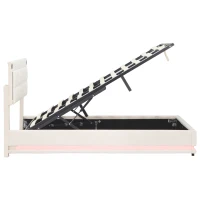 King Size LED Hydraulic Bed with Charging Station, Adjustable Tufted Headboard, Space-Saving Design for Bedroom, 206L x 151W x 105H cm, Beige(m-17)