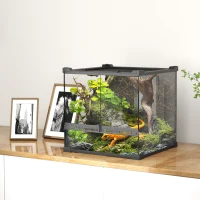 PawHut Reptile Glass Terrarium with Stone Background, Front Ventilation, Escape-Proof Knob Lock, 30 x 30 x 30 cm, Black(m-2)