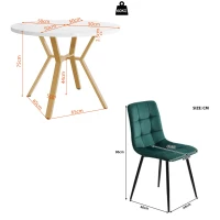 Round Marble Dining Table Set with Gold Metal Legs and 4 Ergonomic Velvet Chairs, Table Top Radius, 100L x 100W x 75H cm, White+Green(m-3)