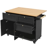 Rolling Mobile Kitchen Island Cart with Drawer and Storage Cabinet, Drop Leaf Breakfast Bar with Towel Rack, 121L x 70W x 88H cm, Black(m-9)