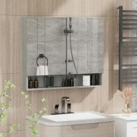 kleankin Armario mural baño con espejo armario de toilette 3 puertas espejo estantes ajustables 90x15x75 cm Gris(m-2)