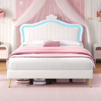 Double Upholstered Bed with Adjustable Crown Headboard, LED Bed Frame with Metal-Wood Support, 194L x 147W x 129H cm, Cream White(m-9)