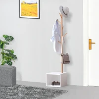 HOMCOM Perchero de Pie con Zapatero Colgador Tipo Árbol Moderno 6 Ganchos para Colgar Ropa Bolsa Banco con Almacenamiento Pasillo Entrada Bambú y MDF 40x30x180cm(m-10)