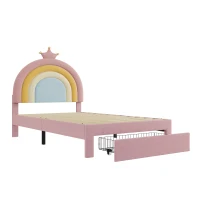 3FT Upholstered Bed with Adjustable Rainbow Headboard, Velvet Frame, Single Bed Frame with Storage Drawer, 194L x 94W x 128H cm, Pink(m-12)