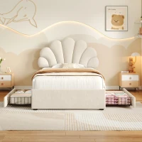 Single Upholstered Bed with 2 Storage Drawers, Adjustable Petal Headboard, Velvet Bed Frame with Wood Slat, 194L x 107W x 106H cm, Beige(m-8)