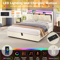 Double Upholstered Bed with LED Headboard, USB and Type-C Ports, Hydraulic Storage Bed with Charging Station, 207L x 136W x 105H cm, Beige(m-6)