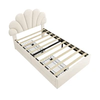 Single Upholstered Bed with 2 Storage Drawers, Adjustable Petal Headboard, Velvet Bed Frame with Wood Slat, 194L x 107W x 106H cm, Beige(m-10)